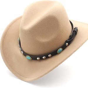 Beige Western Cowboy, Cowgirl Hat, Turquoise Strap, Men Women Retro Wide Brim